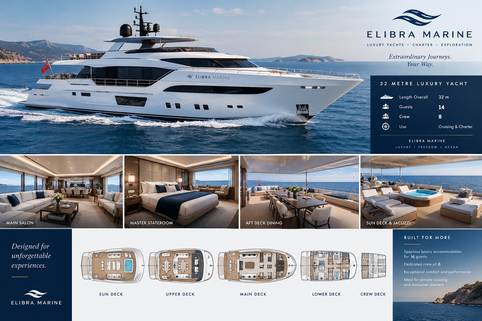 Elibra Baye design board showing the yacht at sea, interior photos, five deck plans and key specifications