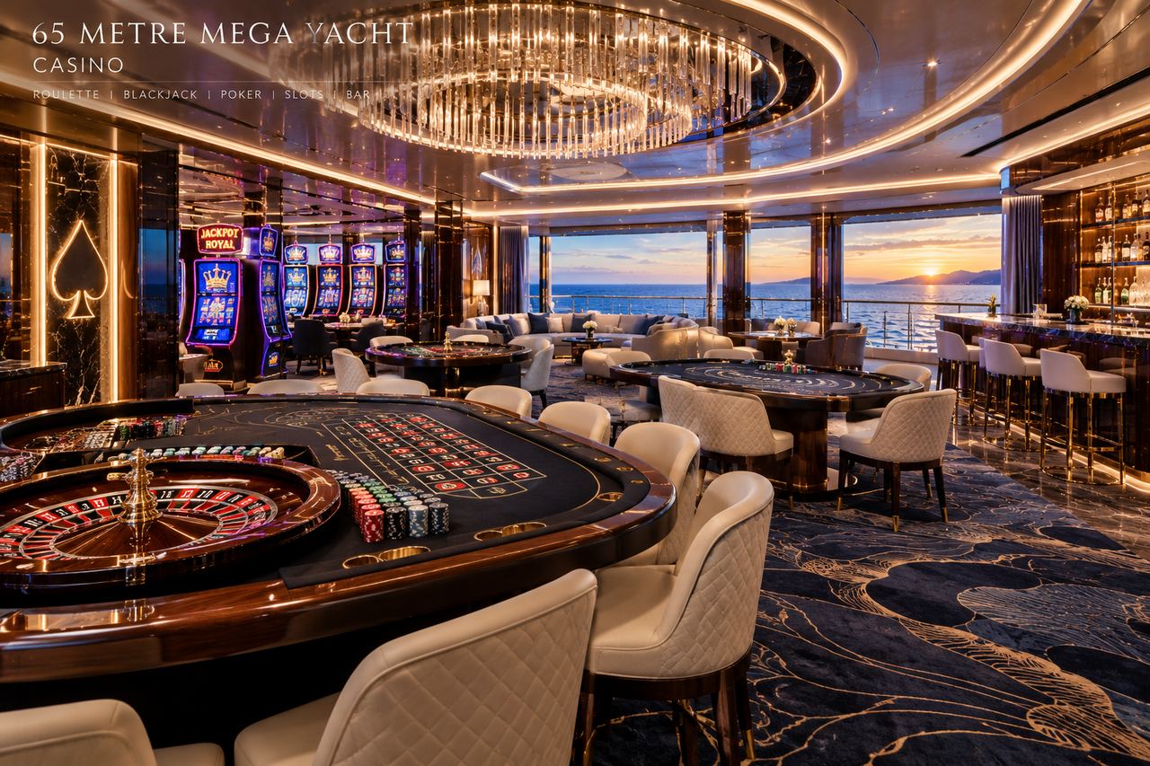 Casino with roulette, card tables, slots and a bar