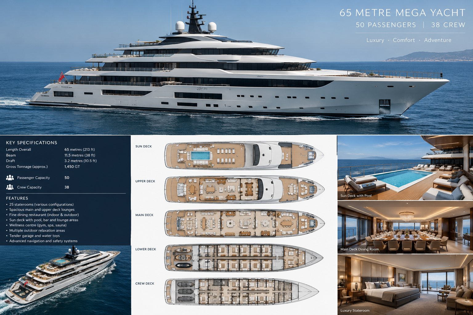 Brochure board showing the yacht's exterior, five deck plans and key specifications