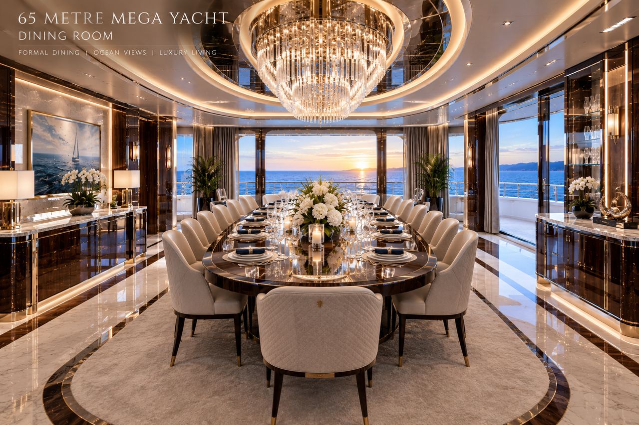 Formal dining room with a chandelier and sunset sea views