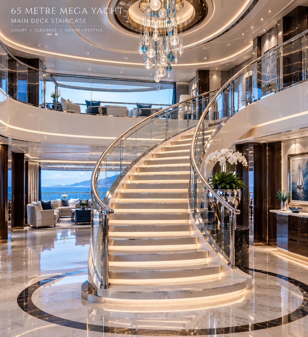 Main deck staircase with a glass balustrade and chandelier