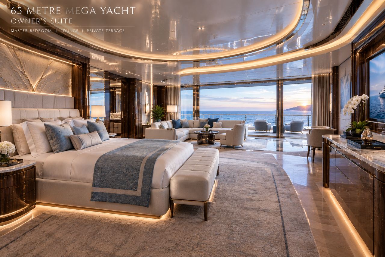 Owner's suite with master bed, lounge and private terrace at sunset
