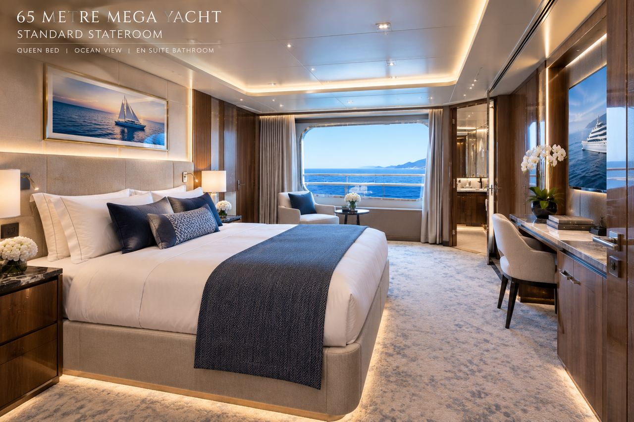 Standard stateroom with a queen bed, ocean view and en suite bathroom
