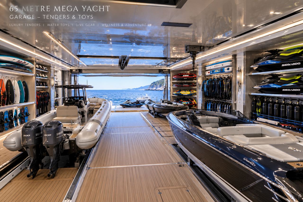 Tender garage with tenders, jet skis and water toys opening to the sea
