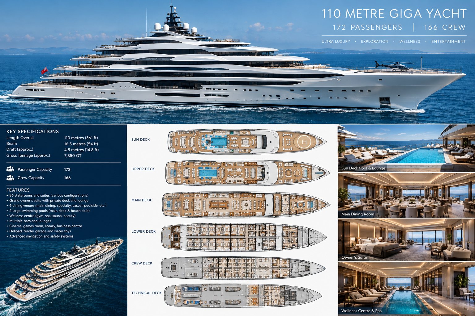 Brochure board showing the yacht's exterior, six deck plans and key specifications