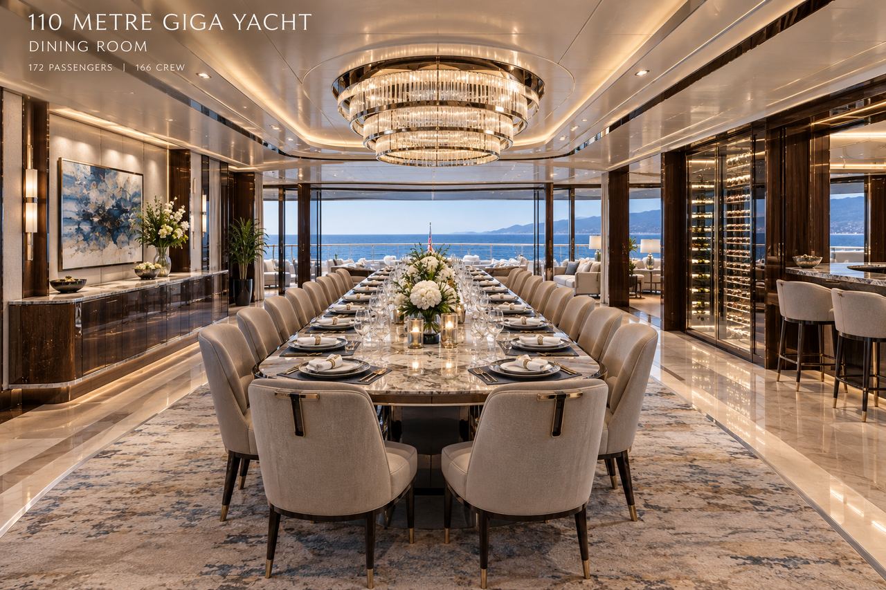 Dining room with a long marble table and sea views