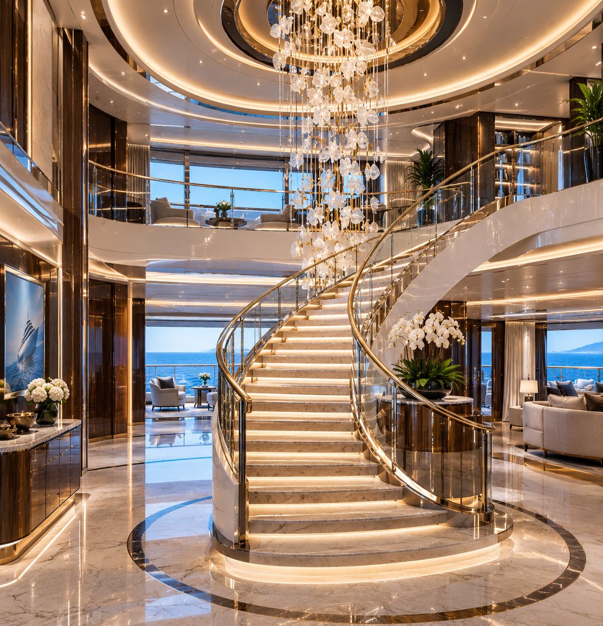 Grand atrium with sweeping staircase and chandelier