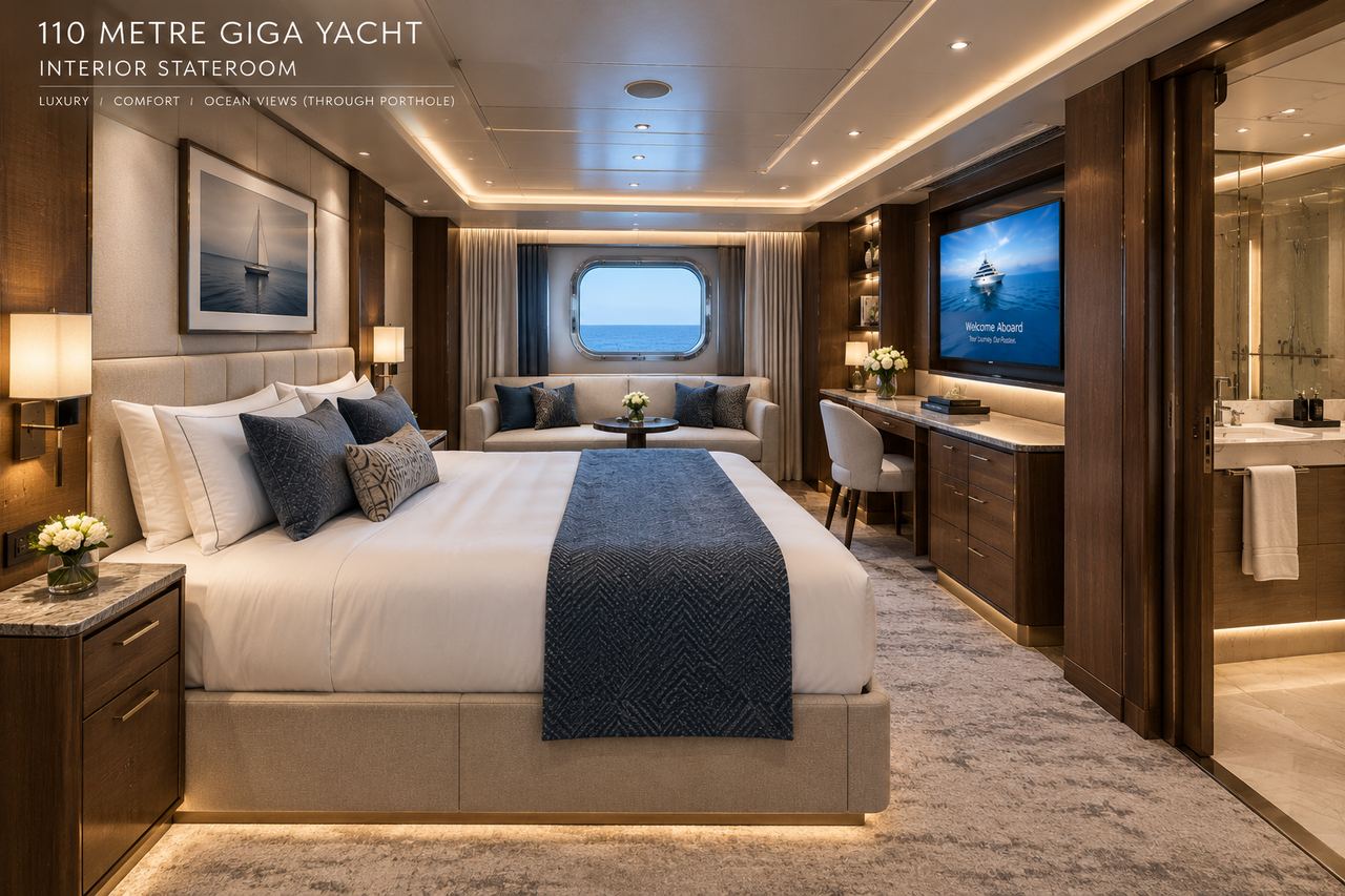 Interior stateroom with a porthole and lounge area