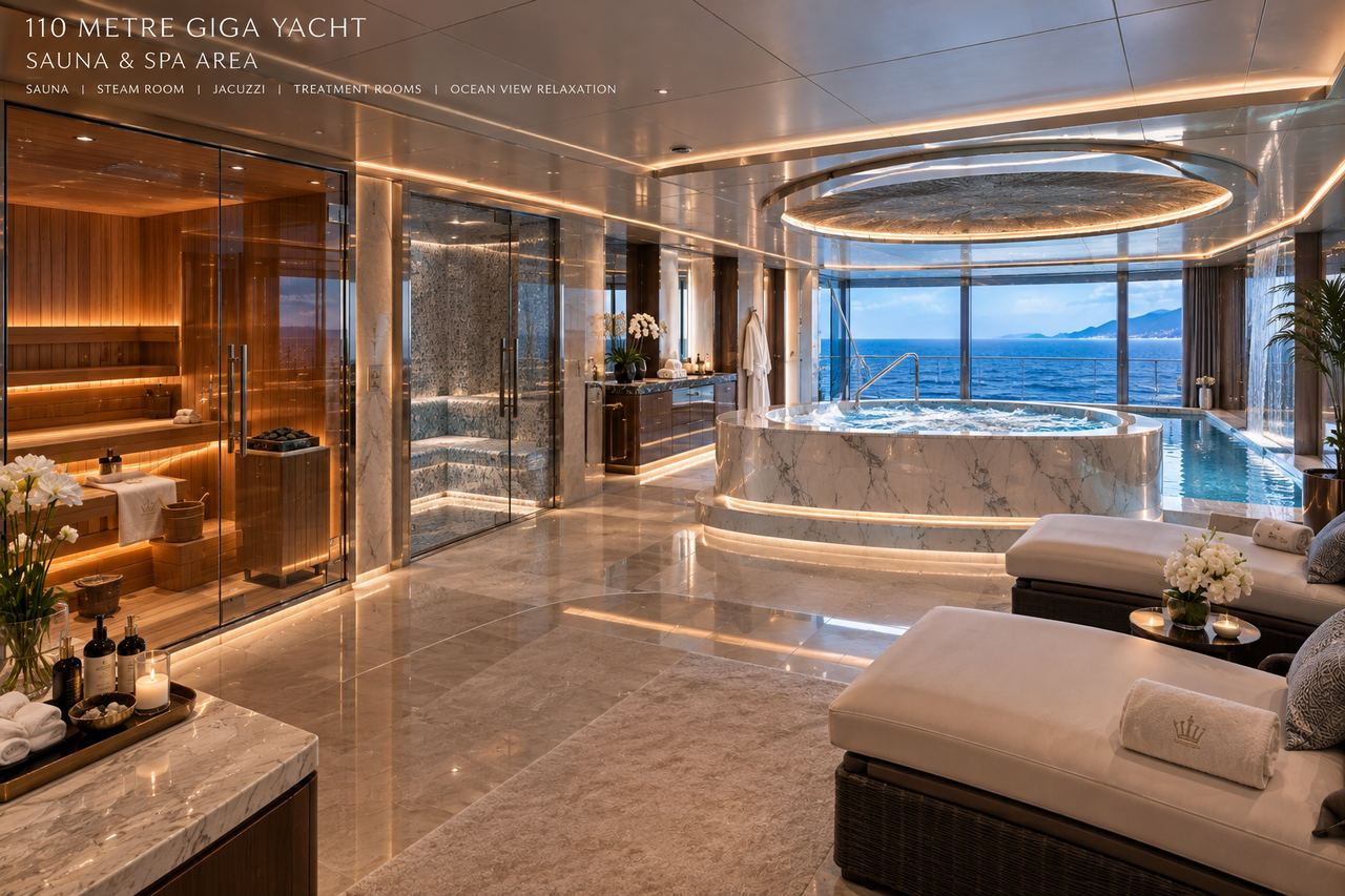 Spa with sauna, steam room and jacuzzi overlooking the sea