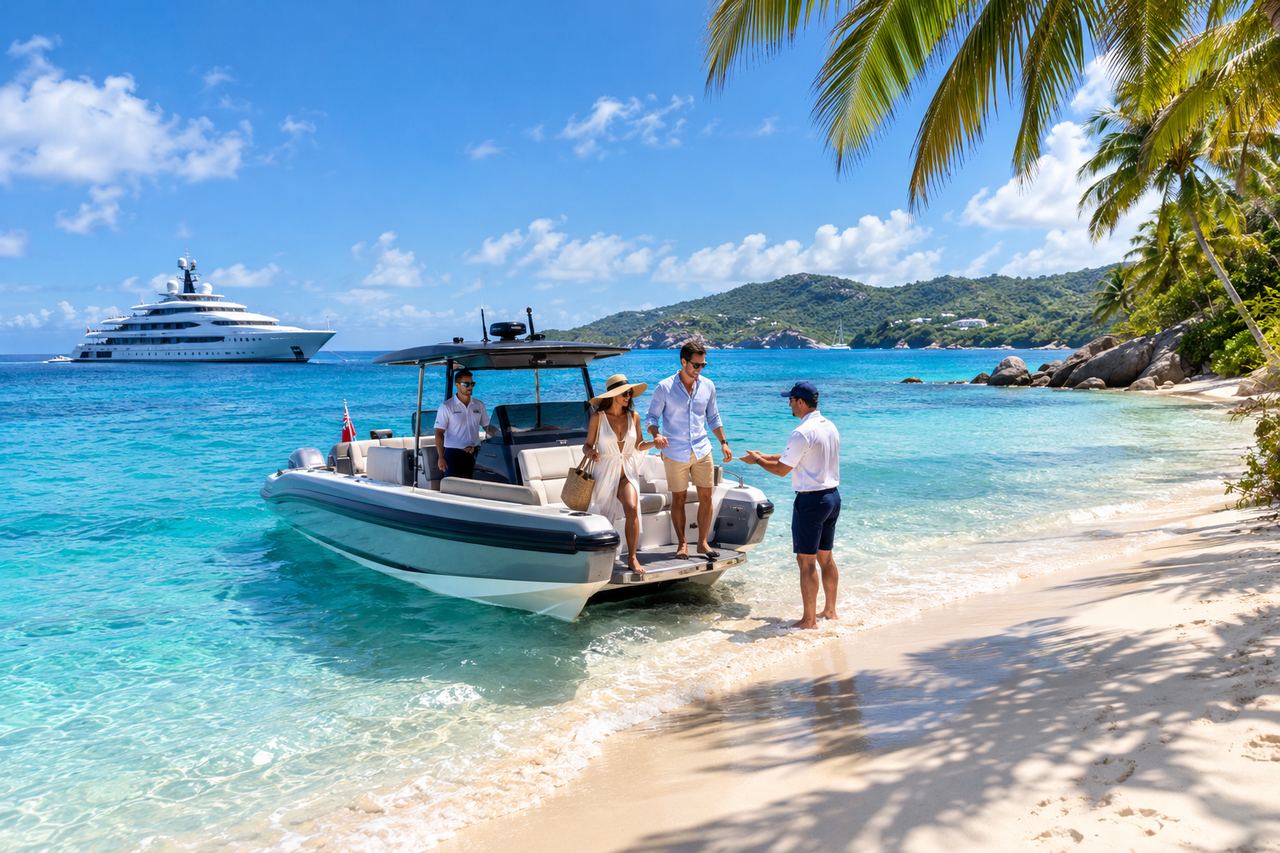 Guests stepping from a tender onto a palm-fringed beach with the yacht anchored offshore