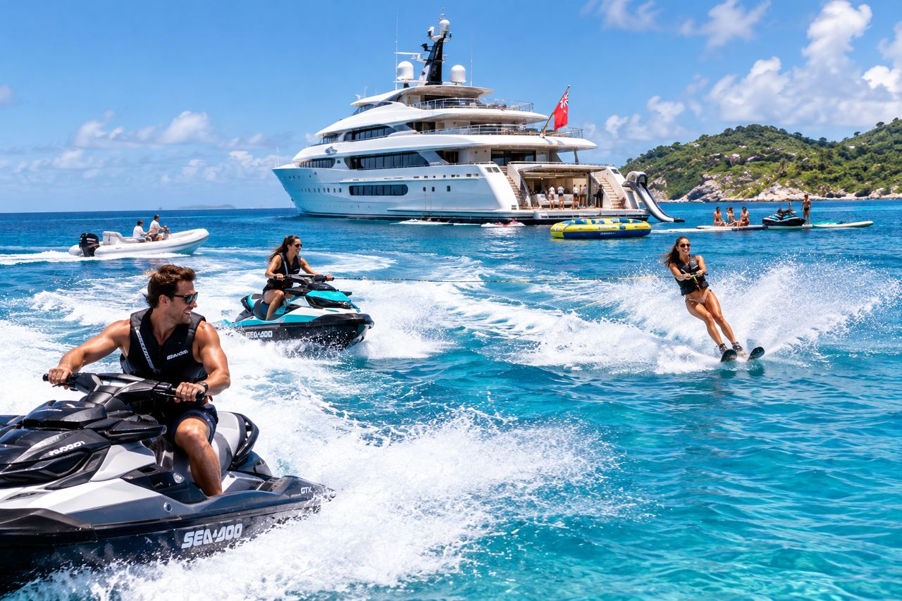 Guests on jet skis and water skis in turquoise water beside the yacht